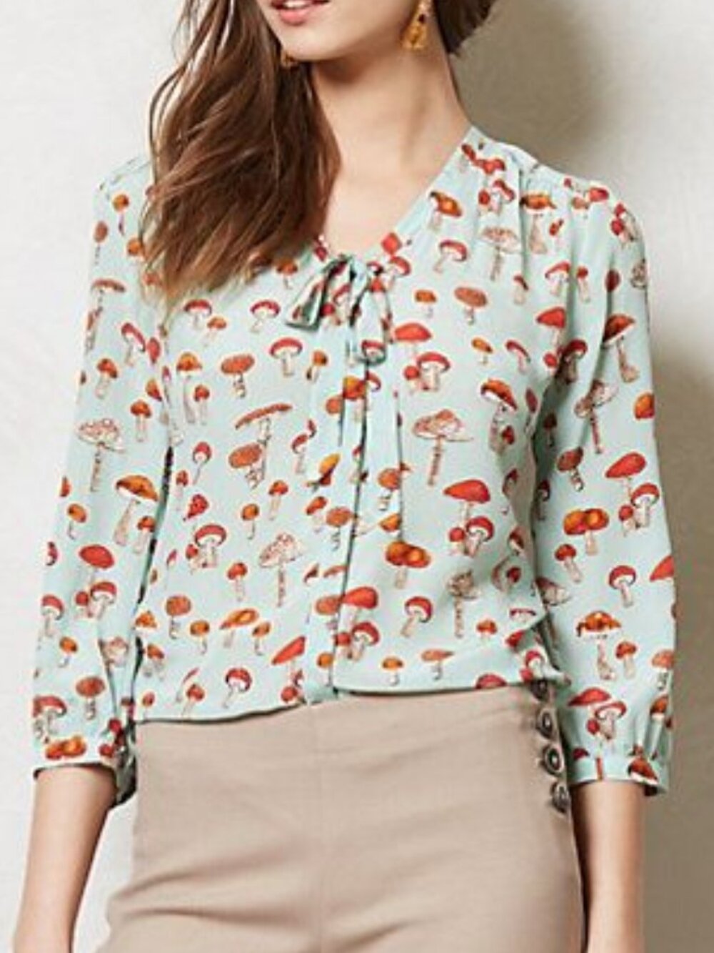 Anthropologie Toadstool Blouse Mushroom Print Mint Green Silk Neck Tie Top